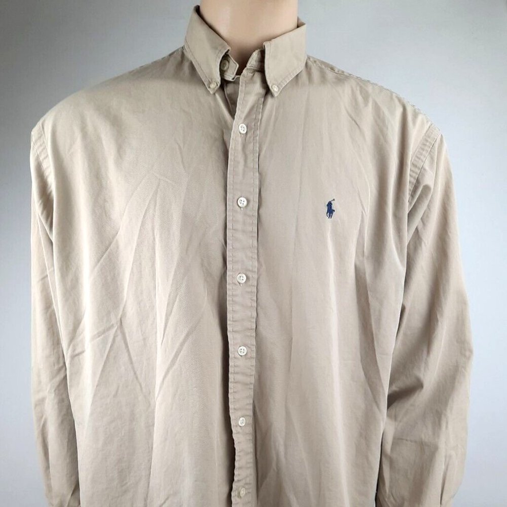 Ralph Lauren Blake Front Button Shirt Mens Size XL 100% Cotton Khaki Tan